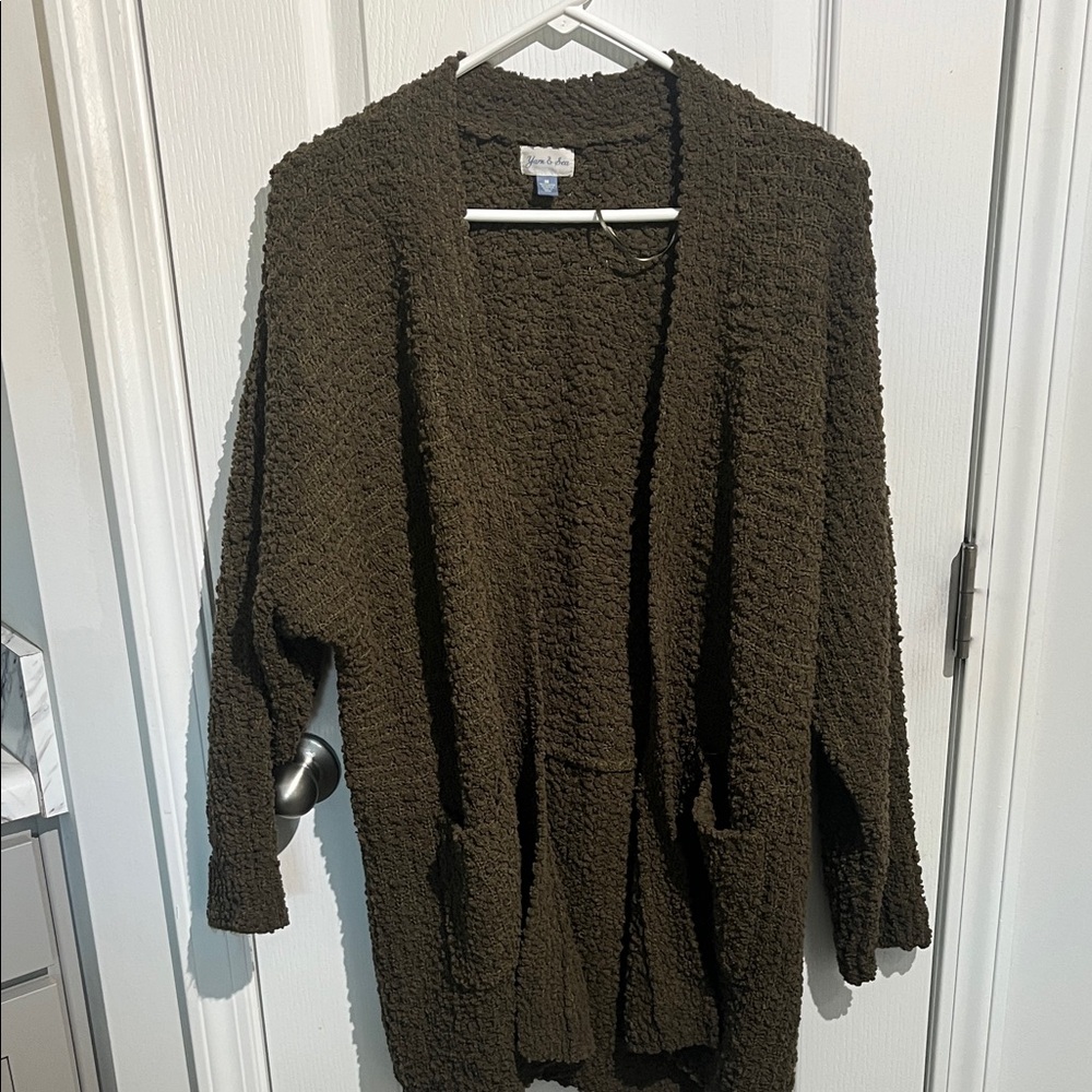 Yarn and Sea Olive Textured Open Front Cardigan
